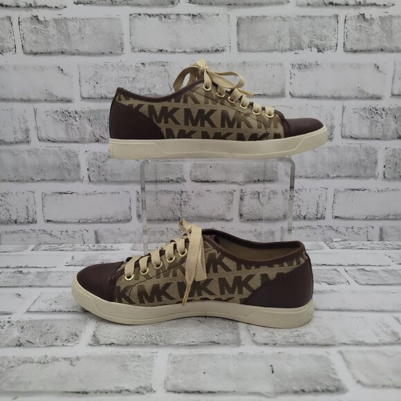 MK Michael Kors Logo Sneakers Brown Tan Canvas Leather Cap Toe Size 6.5 - Picture 5 of 10